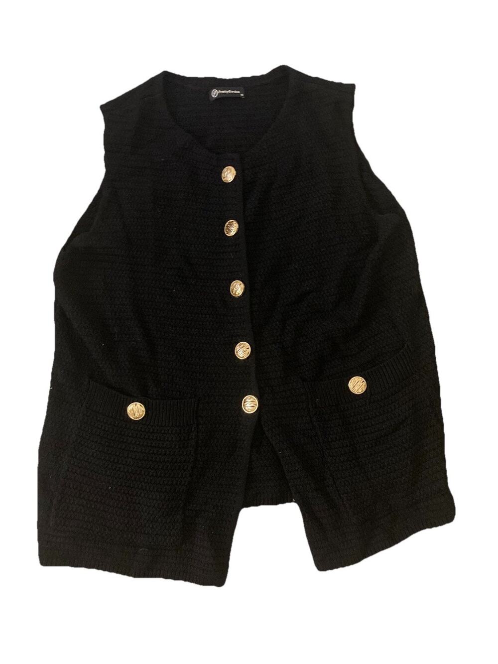 PrettyGarden Womens Black Textured Knit Button Front Vest Gold Buttons Size M